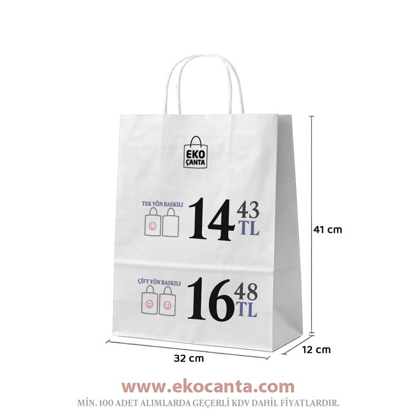 Burgu Saplı Kağıt Çanta - 32x12x41 - Beyaz