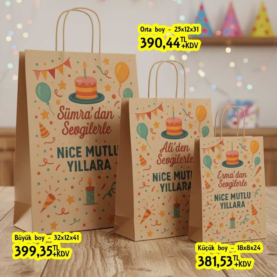 Doğum günleri için isme özel büküm saplı kağıt çanta
