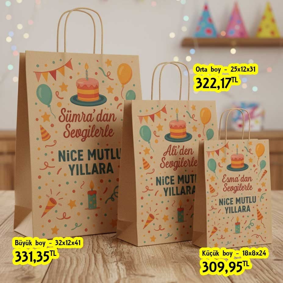 Doğum günleri için isme özel burgu saplı kağıt çanta