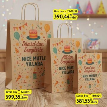 Doğum günleri için isme özel büküm saplı kağıt çanta