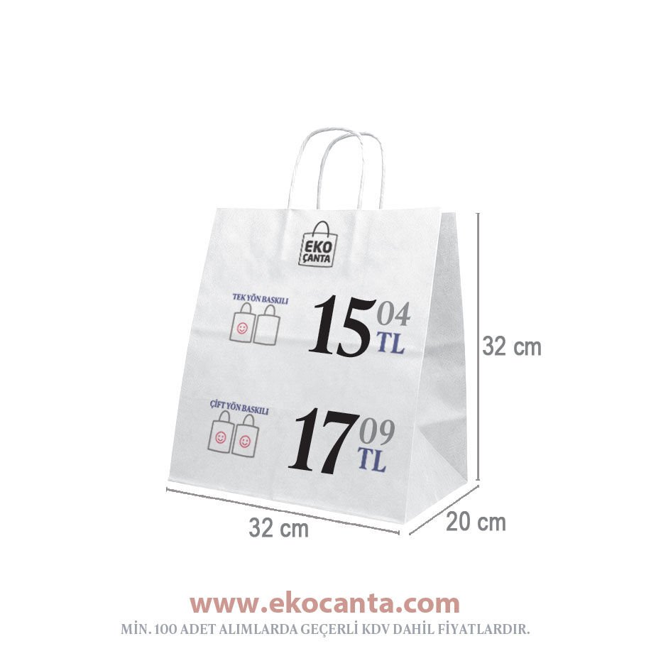 Burgu Saplı Kağıt Çanta - 32x20x32 - Beyaz