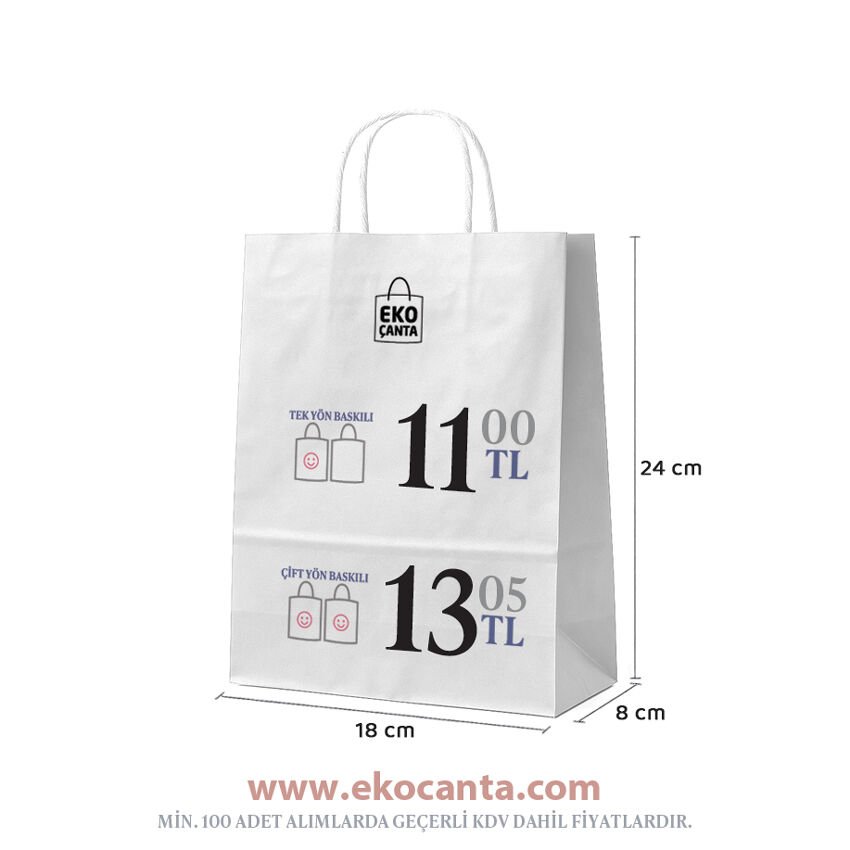 Burgu Saplı Kağıt Çanta - 18x8x24 - Beyaz