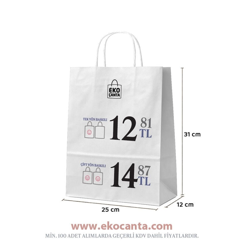 Burgu Saplı Kağıt Çanta - 25x12x31 - Beyaz