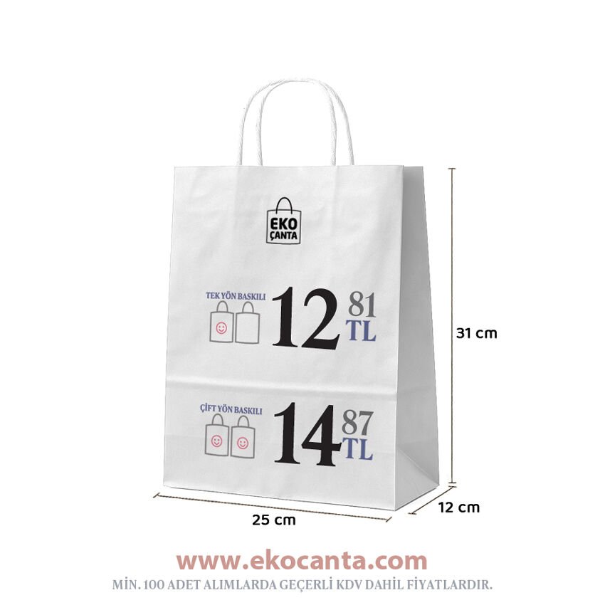 Burgu Saplı Kağıt Çanta - 25x12x31 - Beyaz