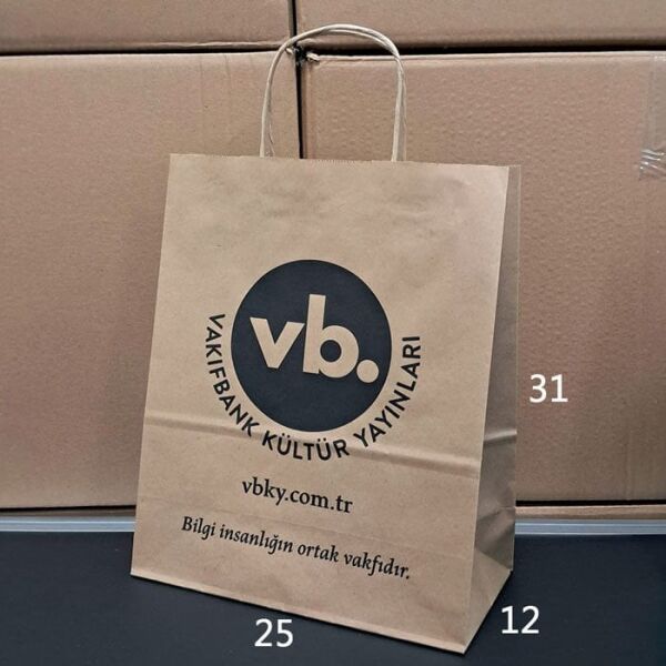Burgu Saplı Kağıt Çanta - 25x12x31 Kraft - Tek Yön Baskılı - 500 Adet