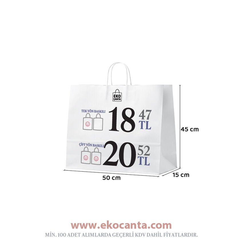 Burgu Saplı Kağıt Çanta - 50x15x45 Beyaz