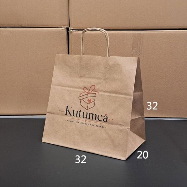 Burgu Saplı Kağıt Çanta - 32x20x32 Kraft - Çift Yön Baskılı - 500 Adet
