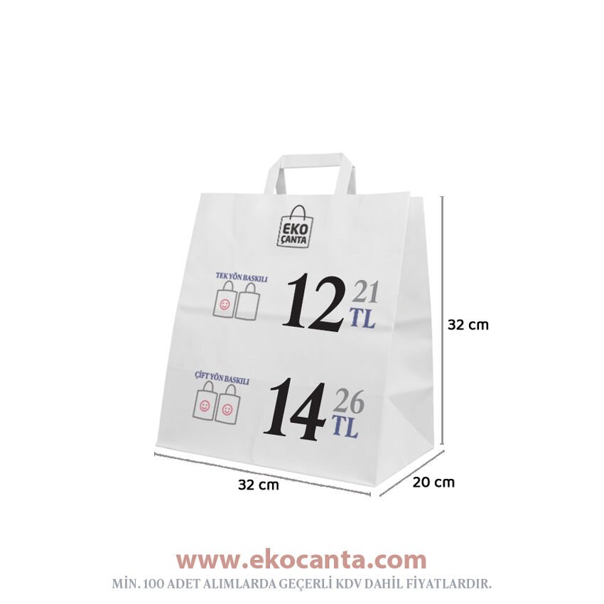 Flat Saplı Kağıt Çanta - 32x20x33 Beyaz