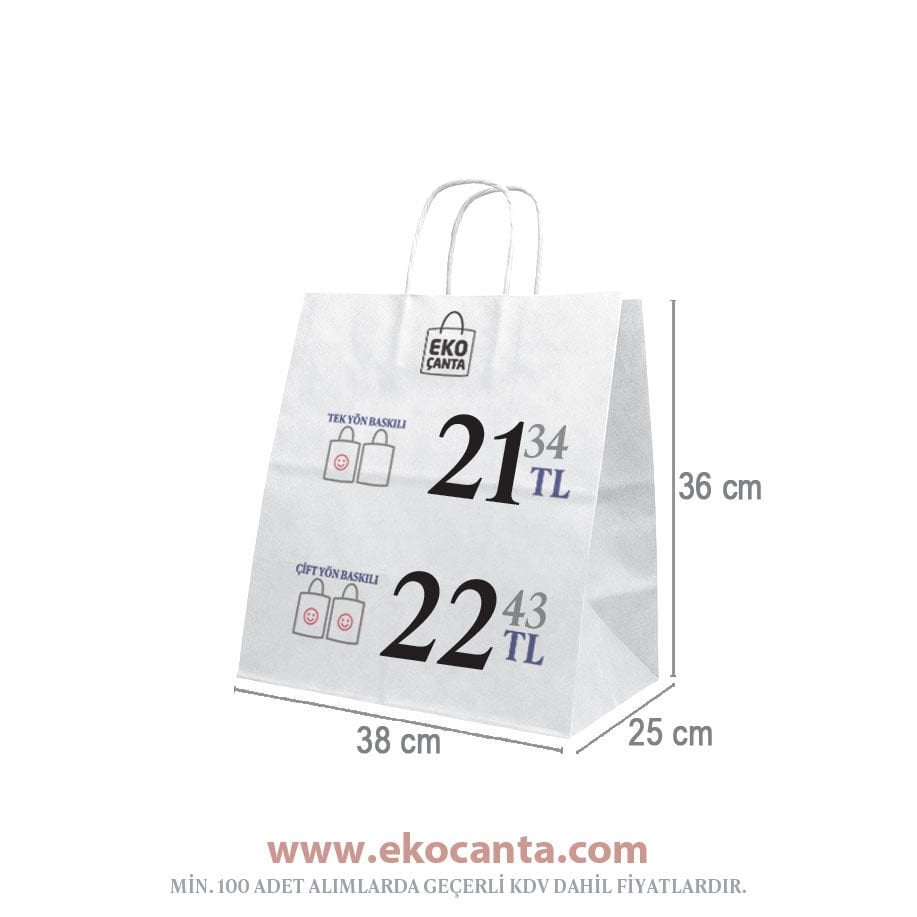 Burgu Saplı Kağıt Çanta - 38x25x36 Beyaz